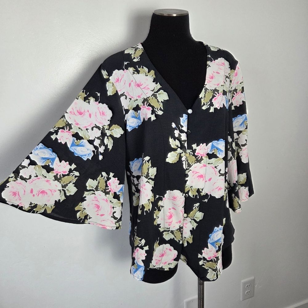 Bell Sleeve Floral Blouse Top Roses Dark Academia Cottagecore Office Teacher L